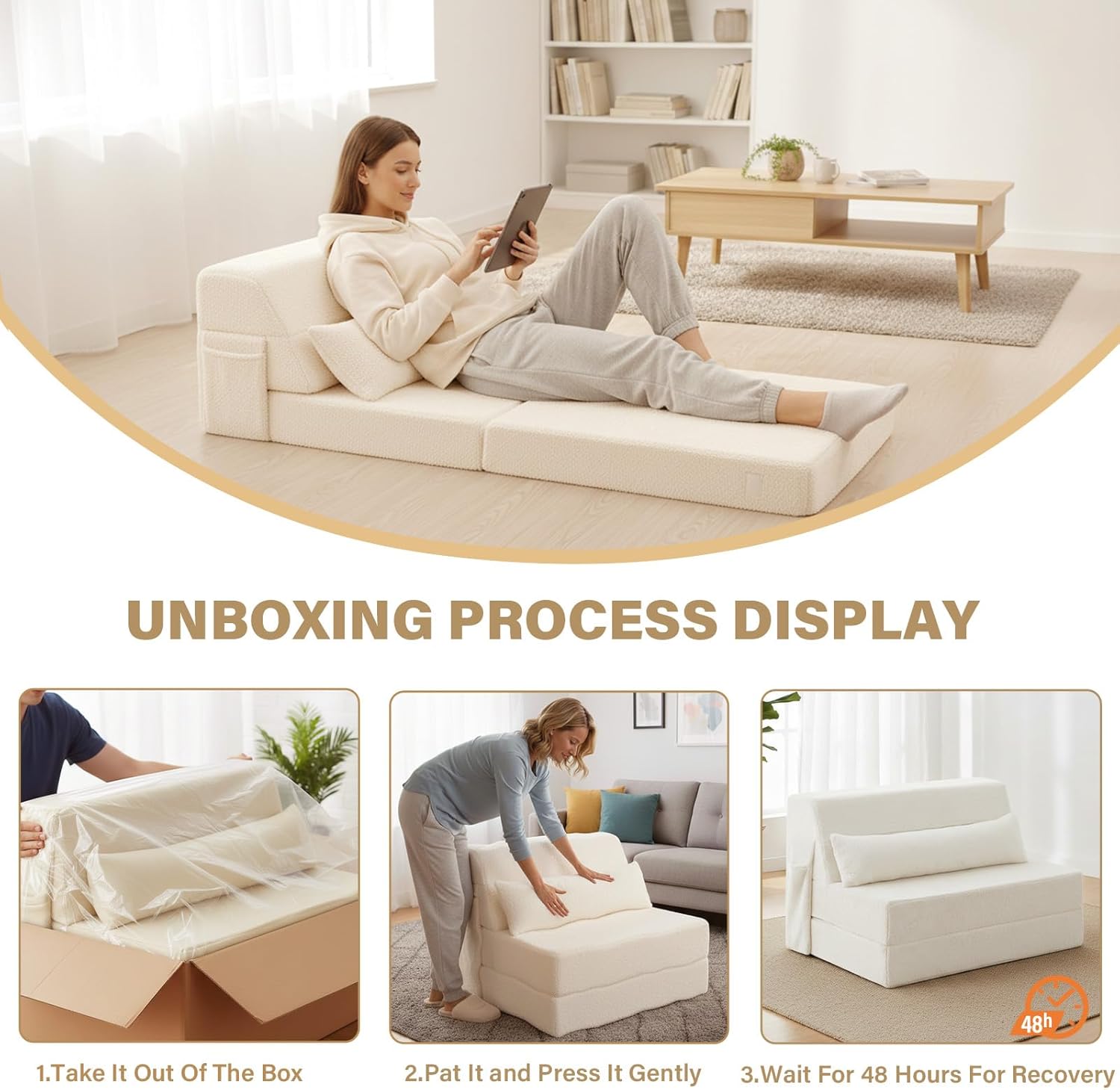 Tiita Convertible Folding Sofa Bed Single Size for Adults with Pillow, Plush Fabric Floor Mattress Couch Bed, Washable Cover & Side Pocket, Guest Room, Dorm, Apartment, Living Room, Beige