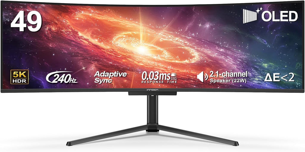 INNOCN 49' 49Q1S OLED Curved Gaming Monitor 5120 x 1440p 240Hz, 0.03ms, USB Type C 90W, HDMI 2.1, DisplayPort, USB Hub, Surrounding Speakers, Adaptive-Sync, Height Adjustable Stand, Black