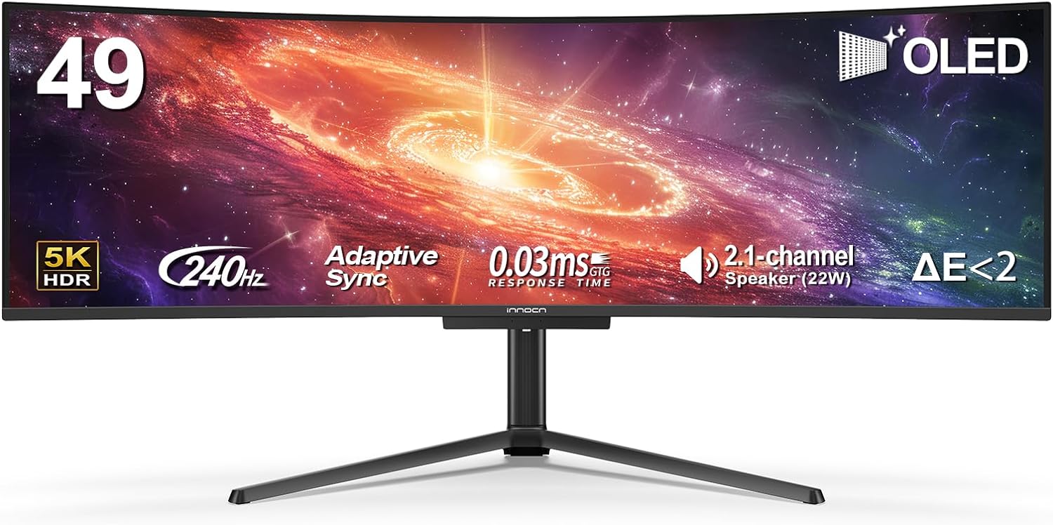 INNOCN 49' 49Q1S OLED Curved Gaming Monitor 5120 x 1440p 240Hz, 0.03ms, USB Type C 90W, HDMI 2.1, DisplayPort, USB Hub, Surrounding Speakers, Adaptive-Sync, Height Adjustable Stand, Black