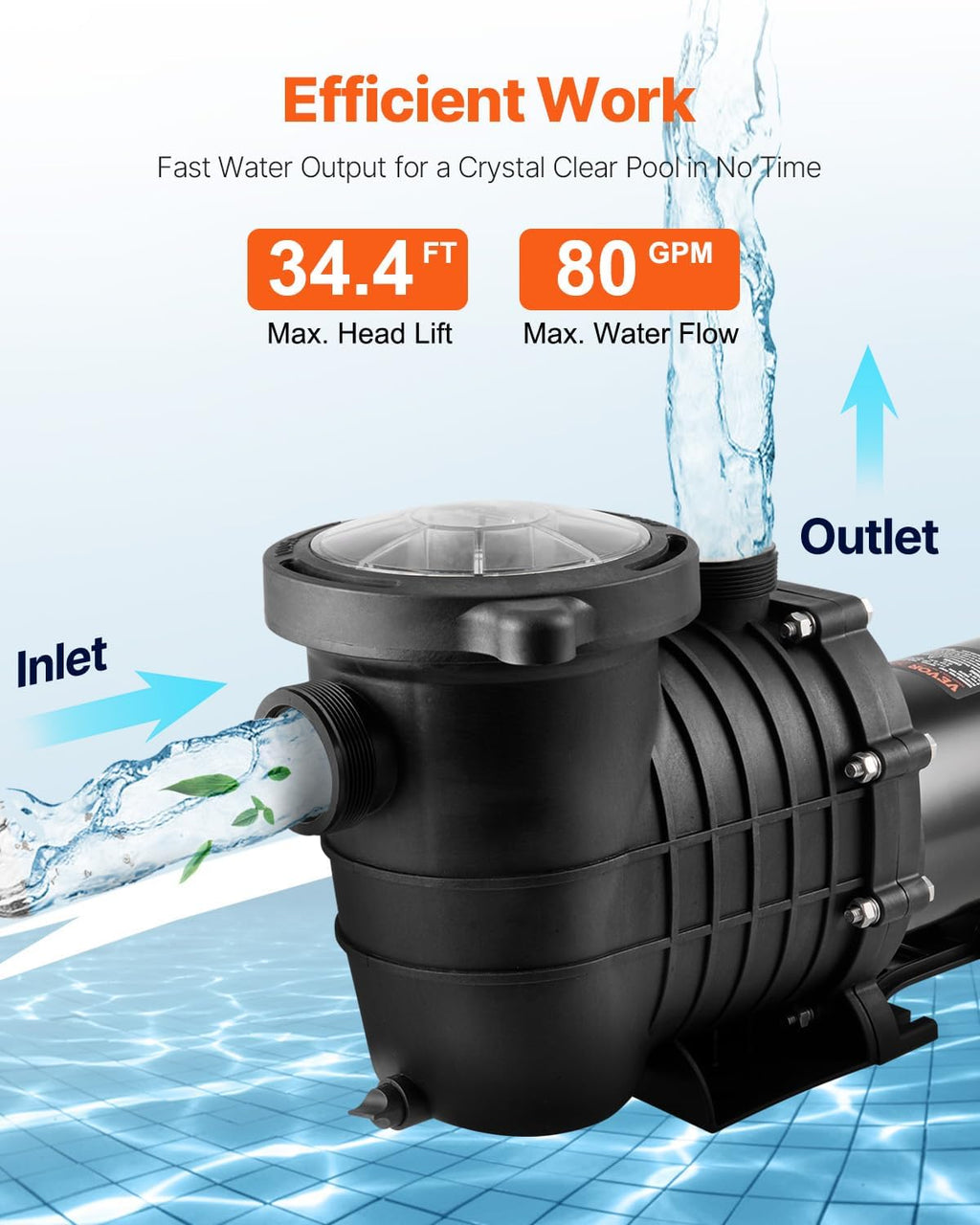 VEVOR Above Ground Pool Pump, 1HP, 80 GPM Max. Flow Single Speed Swimming Pool Pump, 110V/240V 3450RPM 34.4ft Max. Head Pool Pump with Filter Basket for Above Ground Pools, Hot Tubs, or Spas