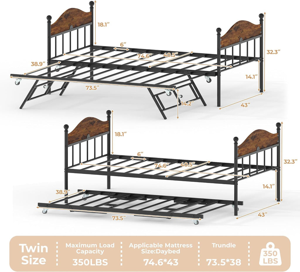 Daybed with Trundle, Metal Twin Size Day Bed with Stylish Headboard, Sofa BedFrame with Pop Up Foldable Trundle Bed, Heavy Duty Steel Slats Platform for Living Room, Bedroom and Guest Room, Brown