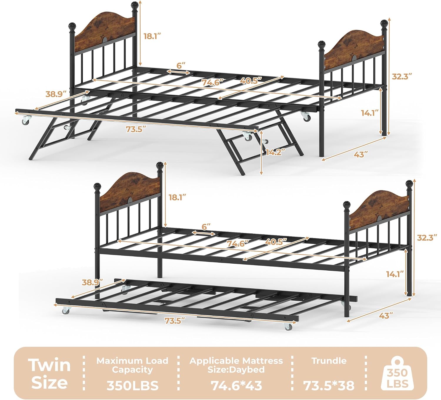 Daybed with Trundle, Metal Twin Size Day Bed with Stylish Headboard, Sofa BedFrame with Pop Up Foldable Trundle Bed, Heavy Duty Steel Slats Platform for Living Room, Bedroom and Guest Room, Brown