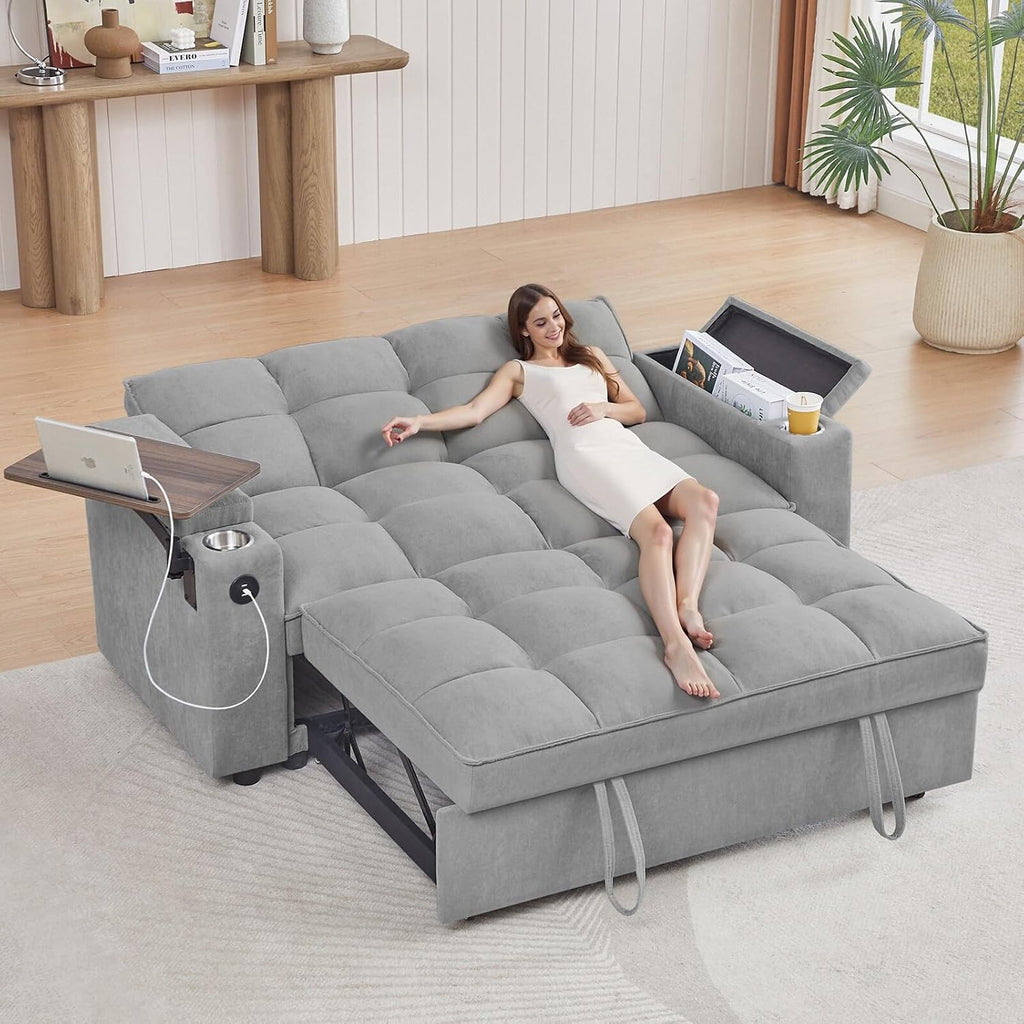 hansones 65'' Convertible Sofa Bed 3-in-1 Pull Out Couch, Folding Sleeper Sofa with 360° Swivel Side Table, Modern Chenille Fabric Futon, Small Space Living Room Furniture, Easy Assembly
