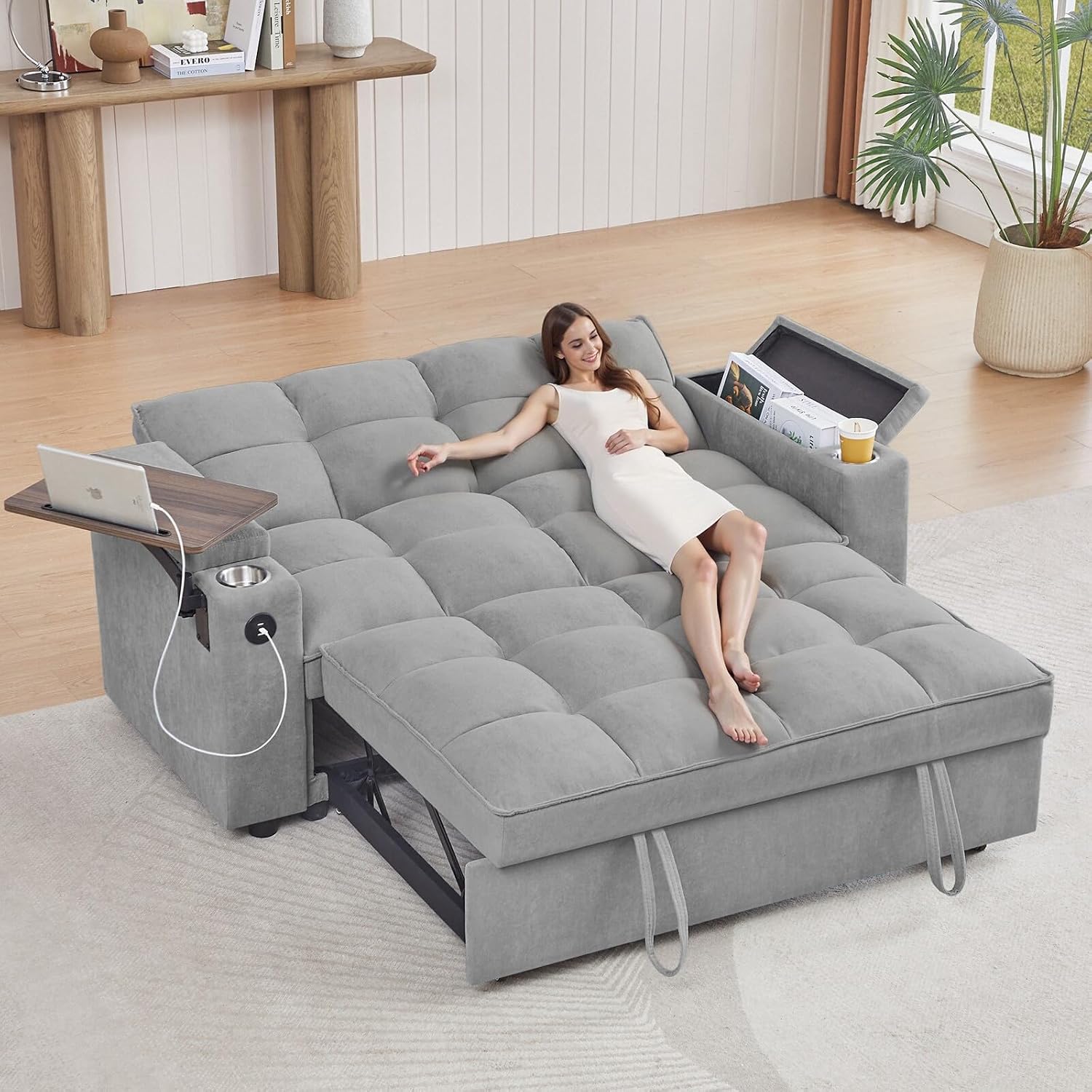 hansones 65'' Convertible Sofa Bed 3-in-1 Pull Out Couch, Folding Sleeper Sofa with 360° Swivel Side Table, Modern Chenille Fabric Futon, Small Space Living Room Furniture, Easy Assembly