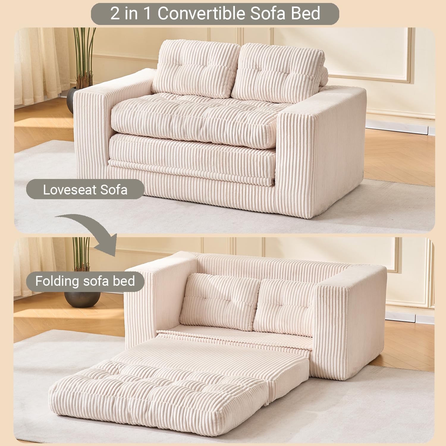 Fefances 55.1'Boneless Sofa Bed, 2-in-1 Convertible Loveseat & Folding Futon Couch, Small Space-Saving Design with Corduroy Fabric, for Living Room, Bedroom, Studio Apartment - Beige