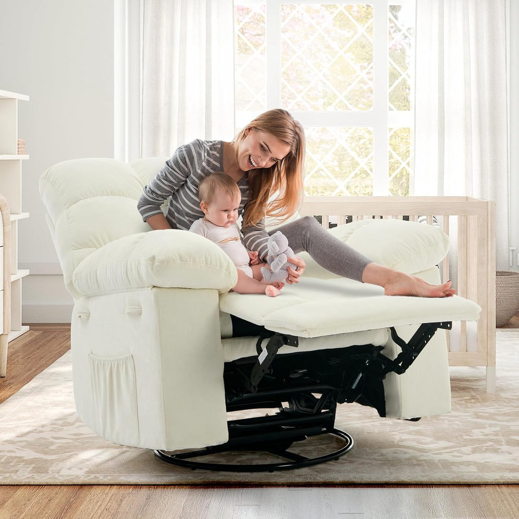 Rocking Recliner Chair, 360° Swivel Lazy Boy Recliner with Side Pockets, Upholstered Fabric Glider Nursery Chair for Living Room, Nursery & Small Spaces, Beige