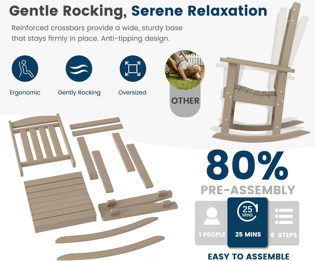 FOOWIN Outdoor Rocking Chair Set of 6, High Back Patio Rocking Chair, HDPE All Weather Resistant Porch Rocker for Adult, Oversized Rocking Chairs for Garden, Lawn, Indoor & Outdoor Use, Brown