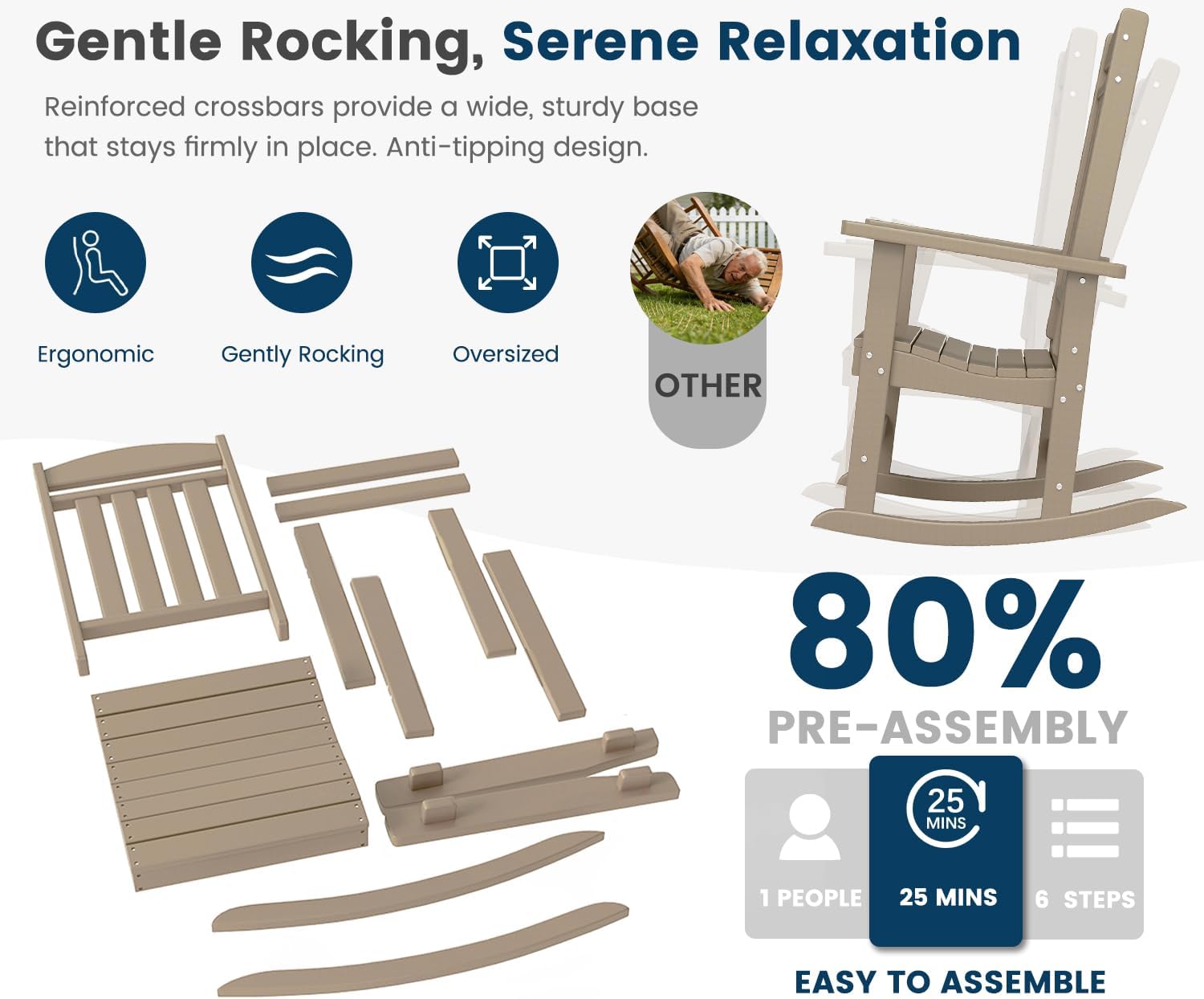 FOOWIN Outdoor Rocking Chair Set of 6, High Back Patio Rocking Chair, HDPE All Weather Resistant Porch Rocker for Adult, Oversized Rocking Chairs for Garden, Lawn, Indoor & Outdoor Use, Brown