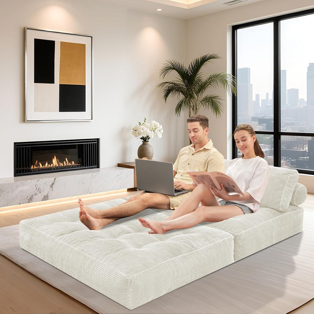 HABUTWAY Folding Sofa Bed, Foldable Floor Sofa Lounge w/Dual-Pillow & Handle, Convertible Sleeper Chair Bed w/Back Support for Living Room, Bedroom, Apartment, Office, Beige, Full