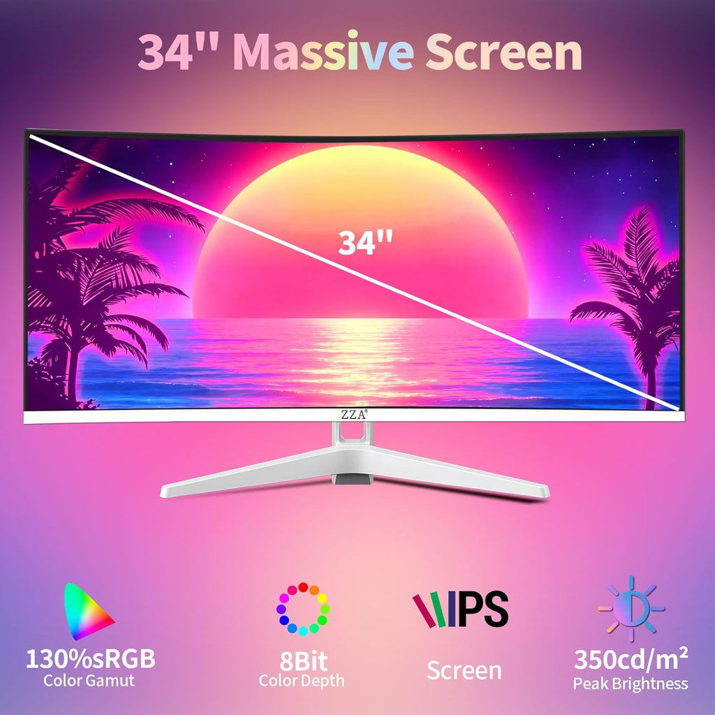 34'' Ultrawide Curved Monitor-WQHD 3440x1440 Resolution,100Hz, IPS Panel, Built-in Speakers,3800R Curvature,HDR10,AMD FreeSync Premium,21:9 Aspect Ratio,Low Blue Light,Flicker-Free Technology-White