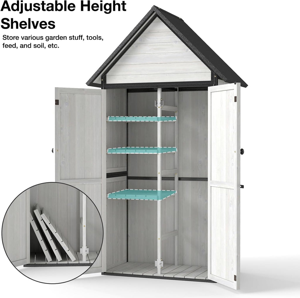 Outdoor Storage Shed with Sloped Roof - Heavy-Duty Metal & Wood Garden Cabinet, Adjustable Shelves, Large Capacity Waterproof Design for Patio, Garage, Backyard (Off White)