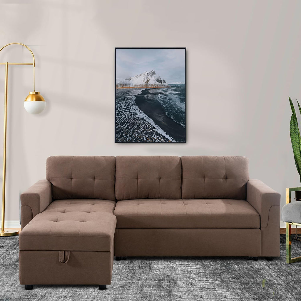 Naomi Home L Shaped Sectional Couch with Storage & Pull Out Bed – 3-in-1 Convertible Sleeper Sofa Bed, Small L Shape Sofa for Living Room, Sofa Bed with Storage Chaise in Mocha, Velvet