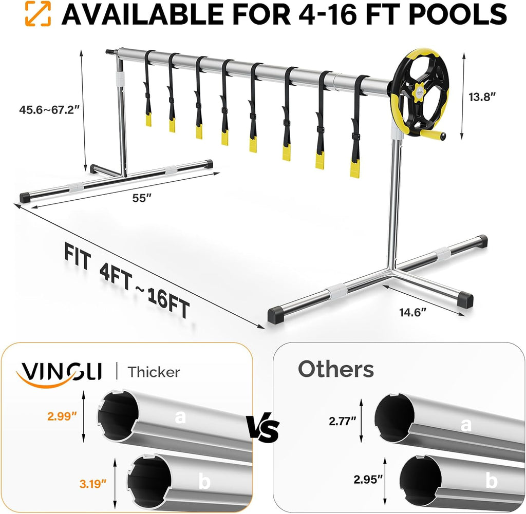 VINGLI Pool Cover Reel Set Solar Pool Cover Reel for Inground Swimming Pool, Aluminum Solar Swimming Inground Cover Blanket Reel (Upgrade) (16 FT)