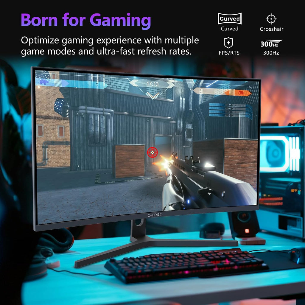 Z-Edge 27 inch Curved Gaming Monitor, FHD 1080P 300Hz 240Hz PC Monitor, Ultra-Fast MPRT 1ms Curved Monitor, 1500R, 16.7M Colors, UG27H Frameless Bezel, 2X DP 1.4 Ports and 2X HDMI 2.0 Ports