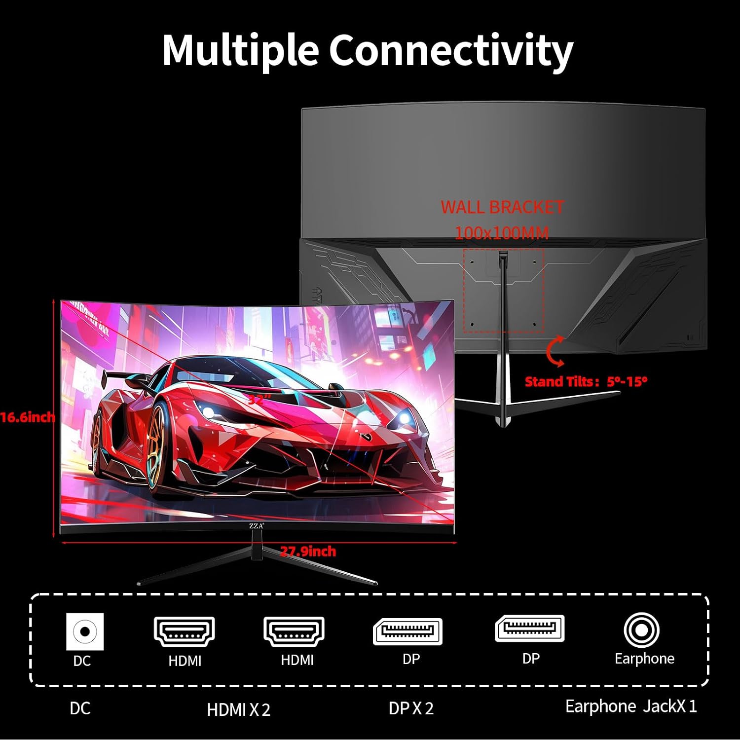 ZZA 32 Inch Curved Gaming Monitor 180Hz 2K Computer Monitor 1500R Curved VA Display, QHD 2560x1440p PC Monitor HDMI DP1.4, 1ms MPRT, HDR, Metal Stand, VESA Compatible (DP Cable Incl.)