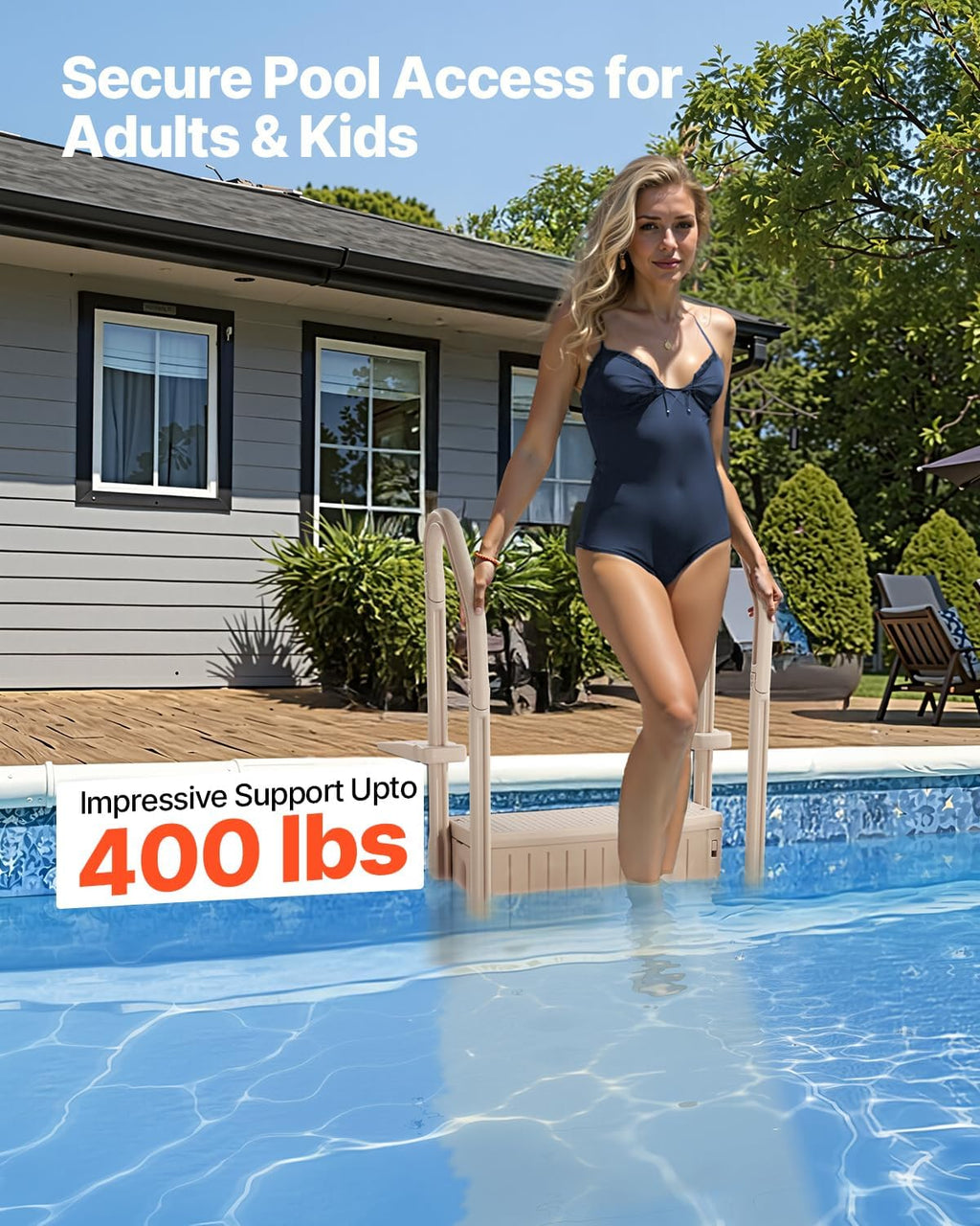 VEVOR Swimming Pool Ladder, 3-Step Double Handrails Stairs with Non-Slip Heavy Duty Steps, Max Load Capacity 400 lbs, for 36-48 Inch Inground & Above-Ground Pools of Any Decking Surface, Taupe