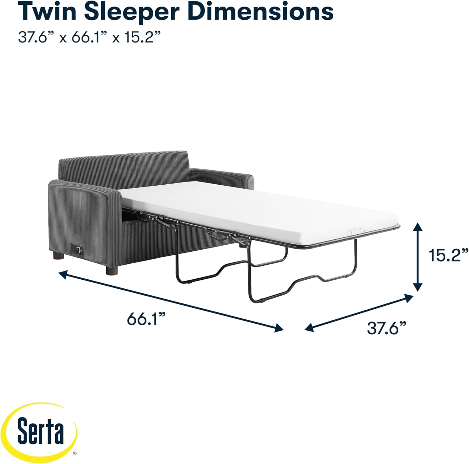 Serta® Darnold 53.5' Pull-Out Sleeper Loveseat, Twin Size, Dreamcoil® Comfort, Memory Foam Pull-Out Mattress, USB-C and USB-A Power Ports, Soft Corduroy Fabric, Grey