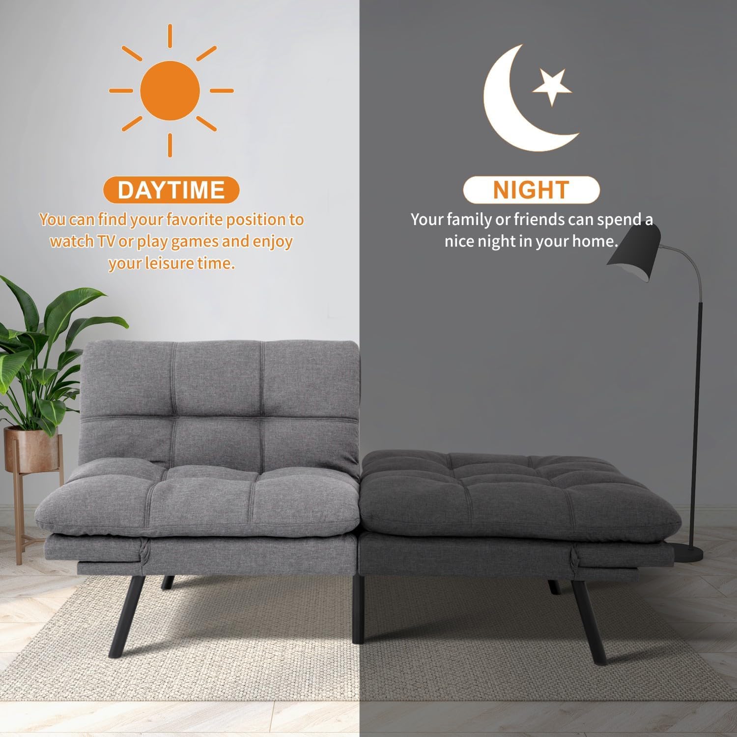 MUUEGM 71-Inch Convertible Futon Sofa Bed with Adjustable Backrest & Removable Armrests, Foldable Sleeper Loveseat for Small Space Living Room, Studio Apartment, Home Office，Light Gray