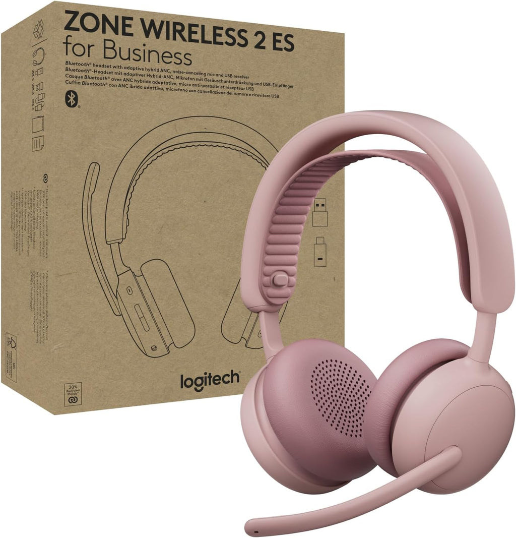 Logitech Zone Wireless 2 ES for Business - Noise-Canceling Wireless Headset with Adaptive Hybrid ANC, Bluetooth, USB-C & USB-A, Microsoft Teams Certified - Rose