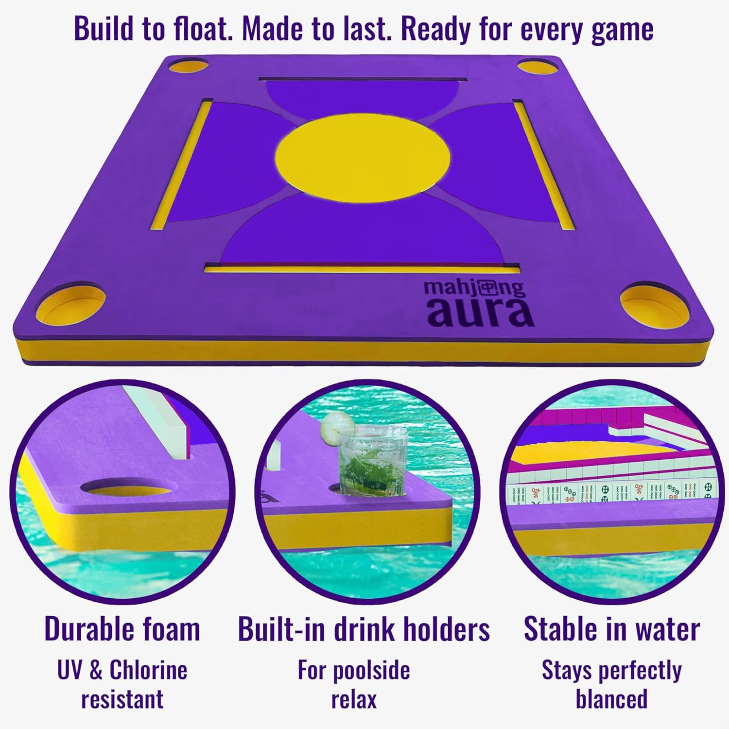 Floating Mahjong Table for Pool - Swimming Pool and Hot Tub Float Board for Card Games, Scrabble, Dominoes, Poker - Adults Pools Game Tray for Water and Lake - Domino Floater (Purple)