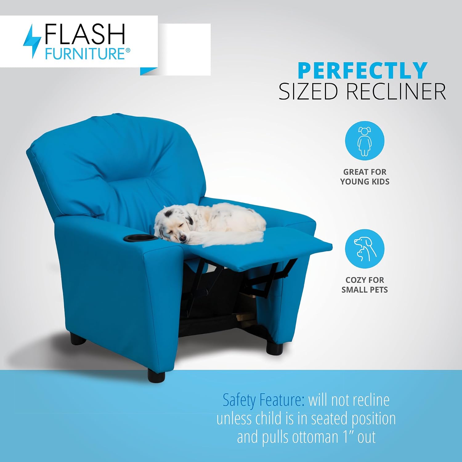 Flash Furniture Chandler Vinyl Kids Recliner with Cup Holder and Safety Recline, Contemporary Reclining Chair for Kids, Supports up to 90 lbs., Turquoise