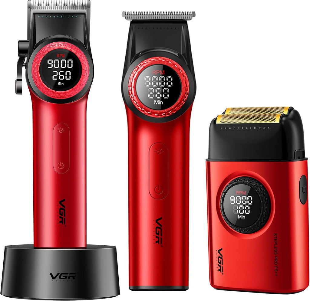 VGR Hair Clippers for Men Professional, T-Blade Trimmer Cordless Clippers and Trimmers Set, Electric Foil Shaver for Men with Double Foil, Rechargeable 3 Piece Men's Hair Cutting Kit, LED Display