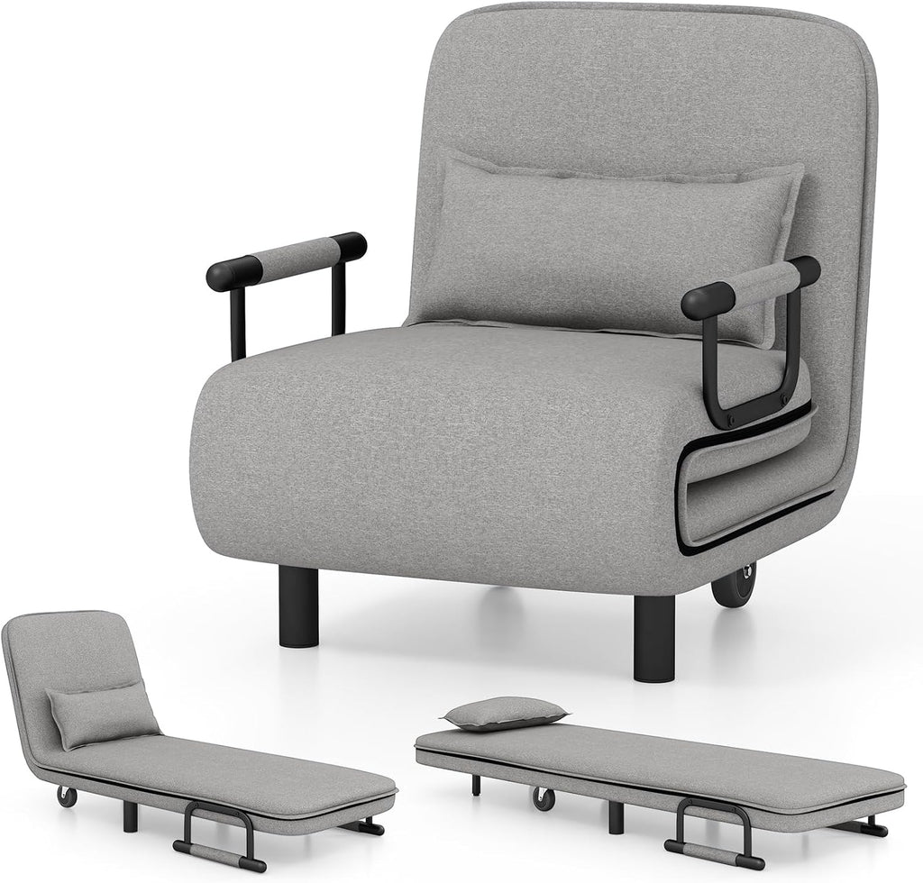 Giantex Convertible Sofa Bed, 3-in-1 Folding Sleeper Chair with 5-Position Adjustable Backrest, Wheels, 2 Legs, Recliner Chaise Lounge with Pillow, Armchairs for Nursery Living Room (Light Gray)