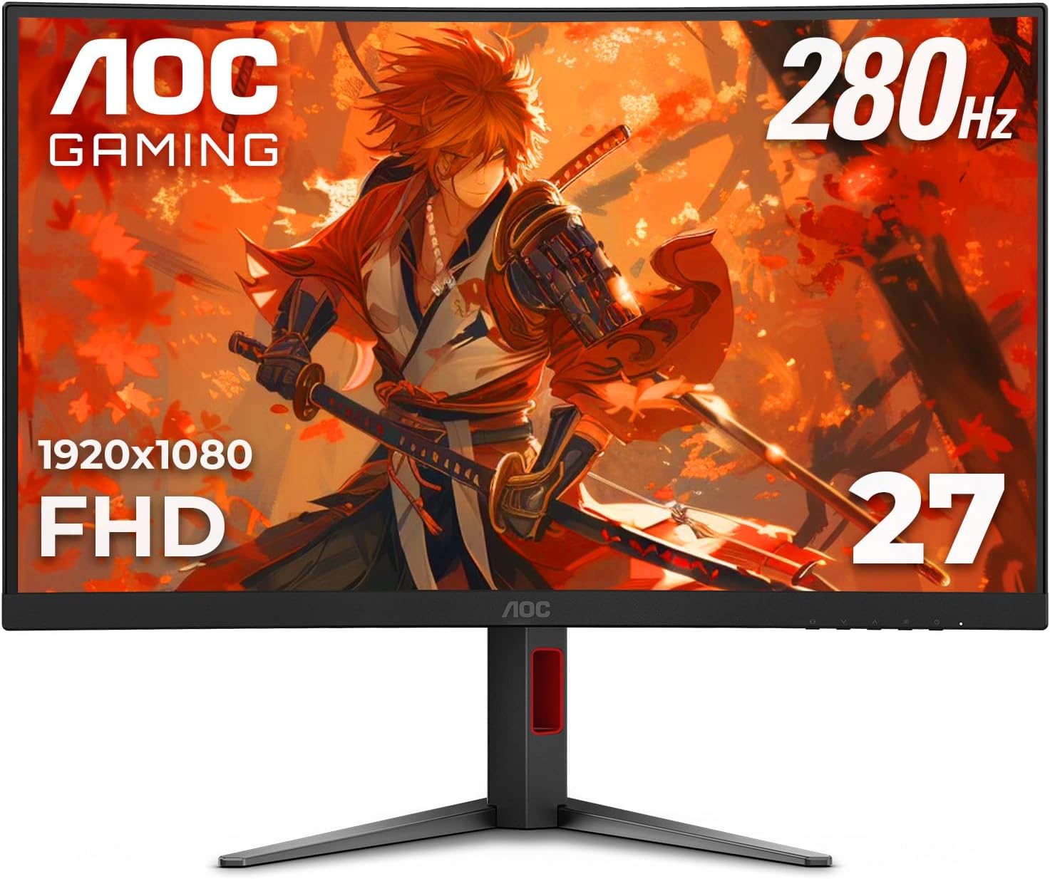 AOC C27G4ZH 27' Curved Frameless Ultra-Fast Gaming Monitor, FHD 1080p, 0.3ms 280Hz, HDMI/DP, Height Adjustable, 3-Year Zero Dead Pixel Guarantee, Black, PS5 Switch Compatible (Renewed)