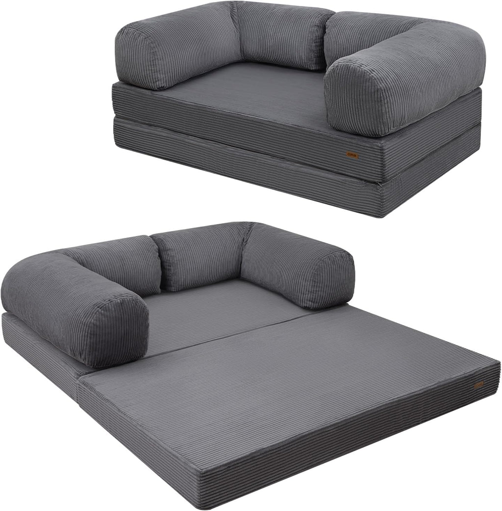 COMAX Futon Sofa Bed, 4-in-1 Floor Foldable Sofa Couch Bed Queen with L-Shaped Armrests, Convertible Folding Chair Bed Sleeper Mattress Fold Out Comfy Lounge for Living Room Bedroom, Grey