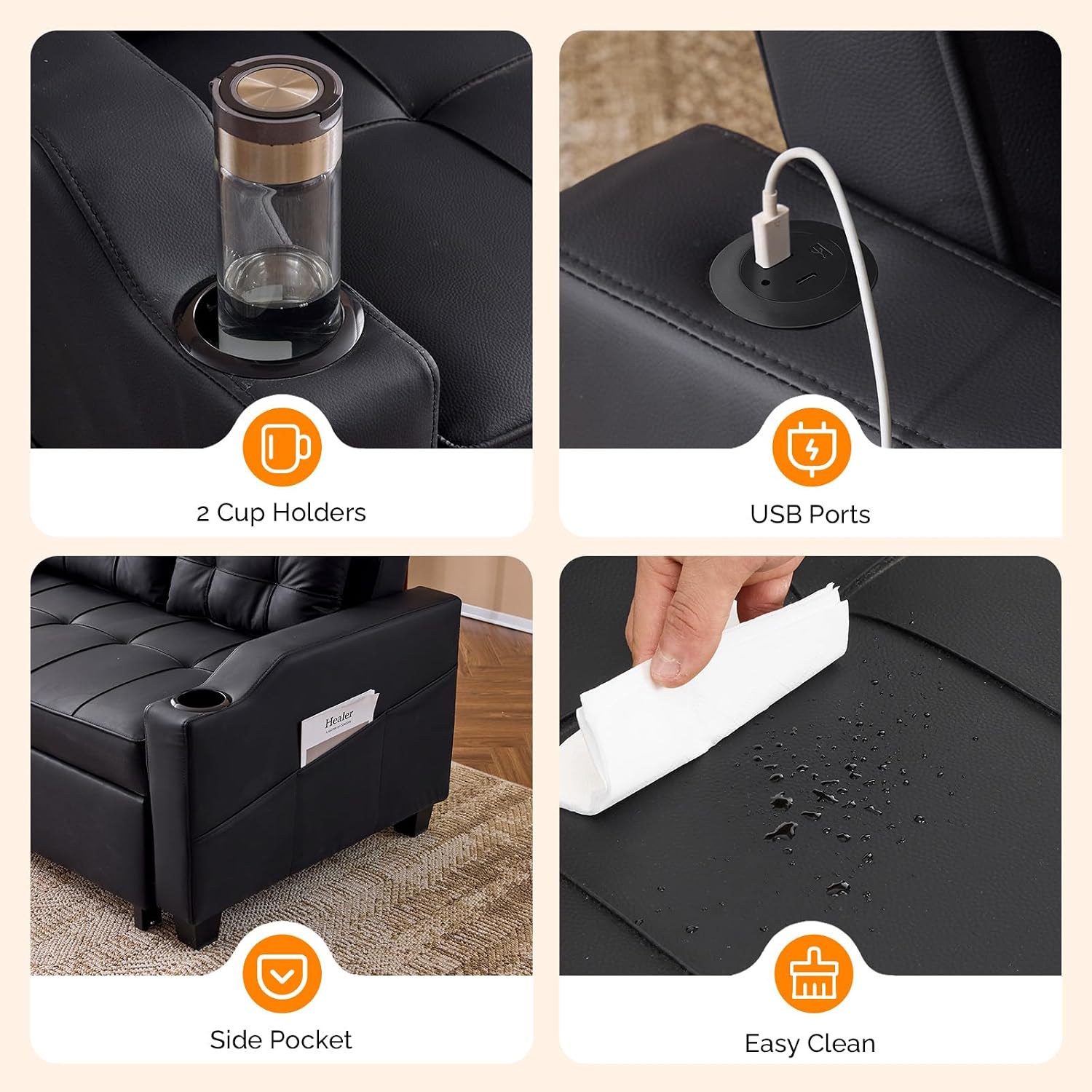 VINGLI Convertible Loveseat Sleeper Sofa, Black Faux Leather Futon Sofa Bed Pullout Couch Bed with USB Ports, Cup Holders, Armrest for Living Room, Bedroom, Home Office Apartment