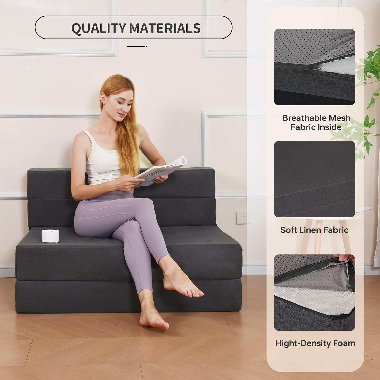 Fvkind Folding Sofa Bed, Foldable Bed Sleeper Chair with Pillow, Convertible Sofa Bed with Washable Cover, Fold Out Couch, Futon Sofa Bed for Living Room, Dorm, Guest Room, Standard Size, Dark Grey