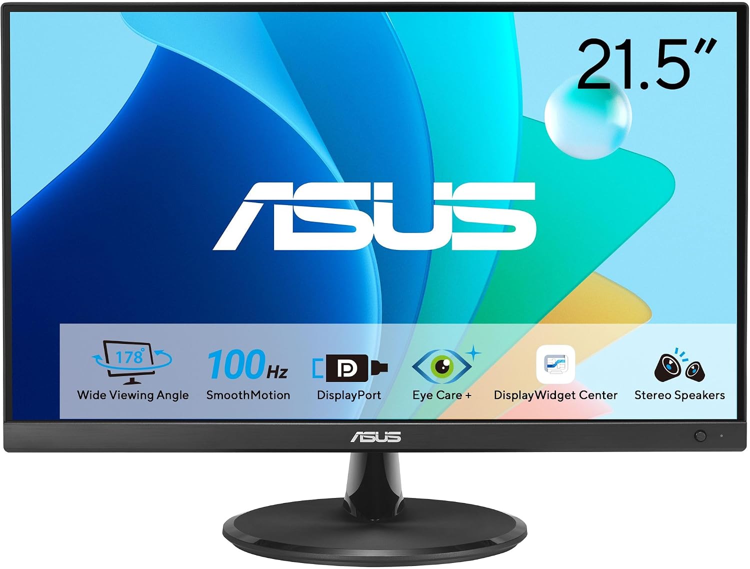 ASUS 22' Eye Care Monitor (VP229QF) – 100Hz, IPS, Full HD, 99% sRGB, Frameless, Adaptive-Sync, DisplayPort, HDMI, Low Blue Light, Flicker Free, Wall Mountable, 3 yr Warranty