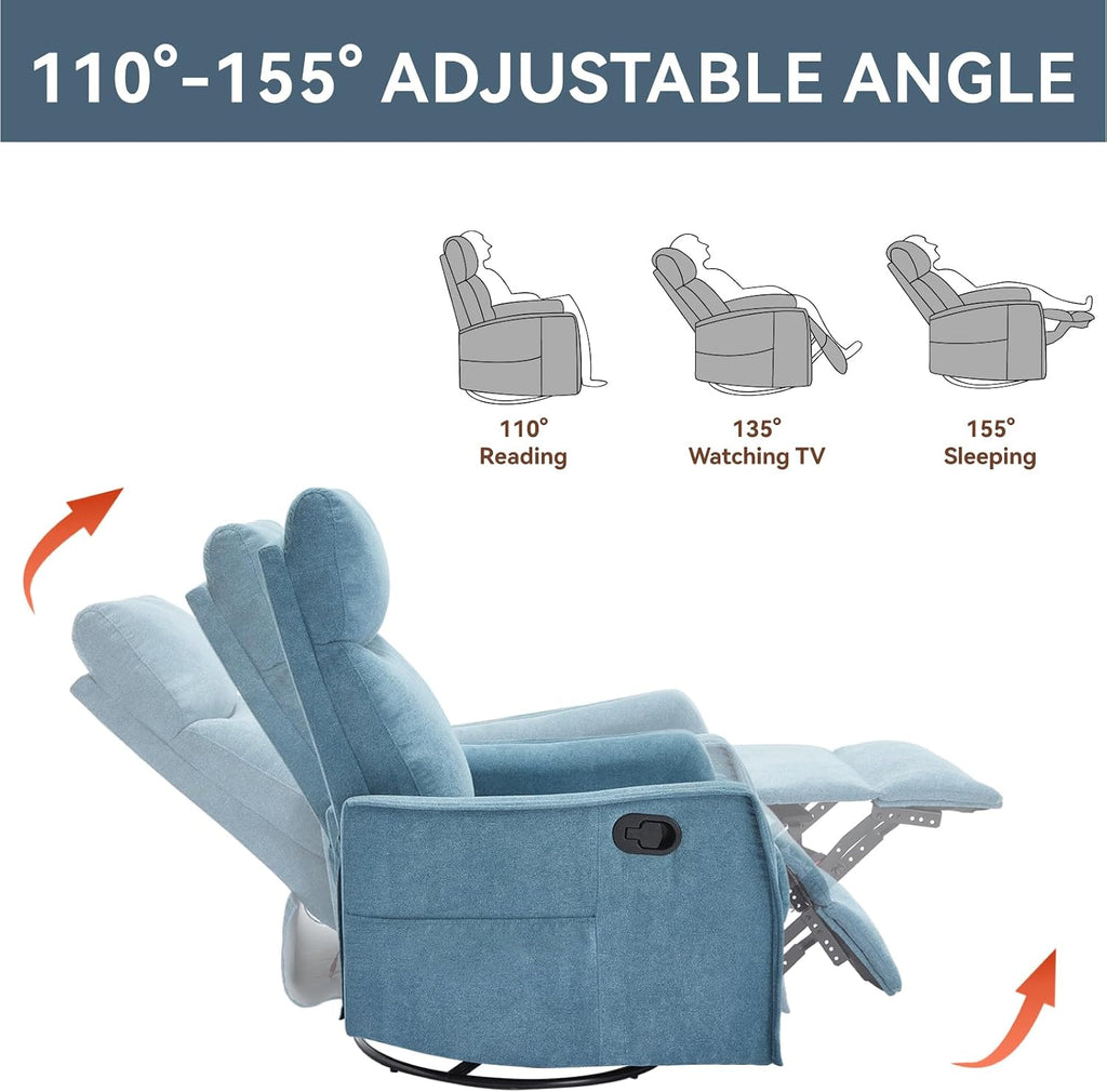 Massage Chair Recliner with Heat, 360° Swivel Glider Rocker with Reclining Backrest and Footrest, Manual Lazy Boy Recliners for Adults, Modern Nursery Rocking Chairs (Blue)