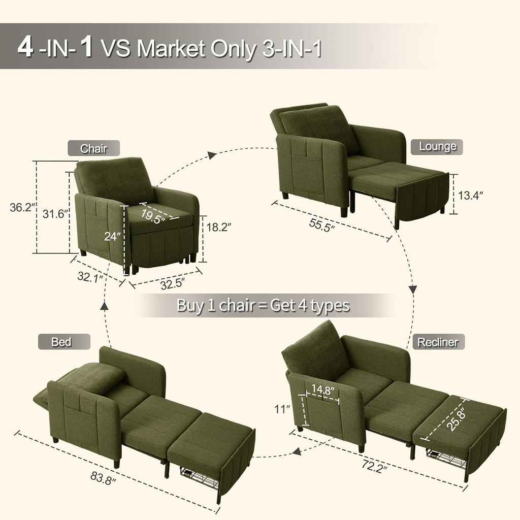 ZZW Sleeper Chair 84' Extra Long Convertible Chair Bed Upgraded 3-in-1 to 4-in-1 Pull Out Chair & Single Sofa Bed for Adult Sleeping Chair for Living Room Small Space (Modern Green)