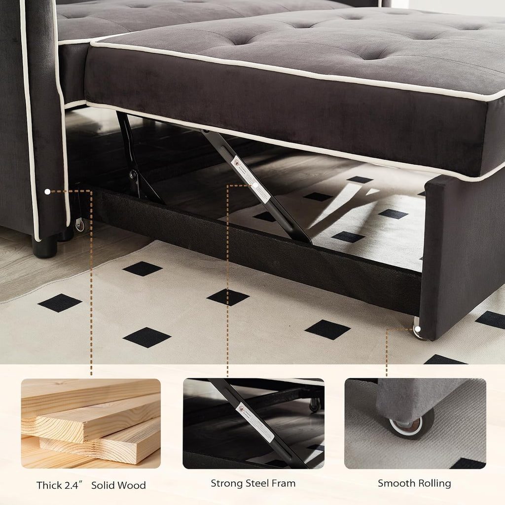 3 in 1 Convertible Sleeper Sofa Bed, Small Couch for Living Room Bedroom with Pullout Bed Adjustable Backrest,Velvet,Loveseat Sofa Bed,Futon Couches (Black)