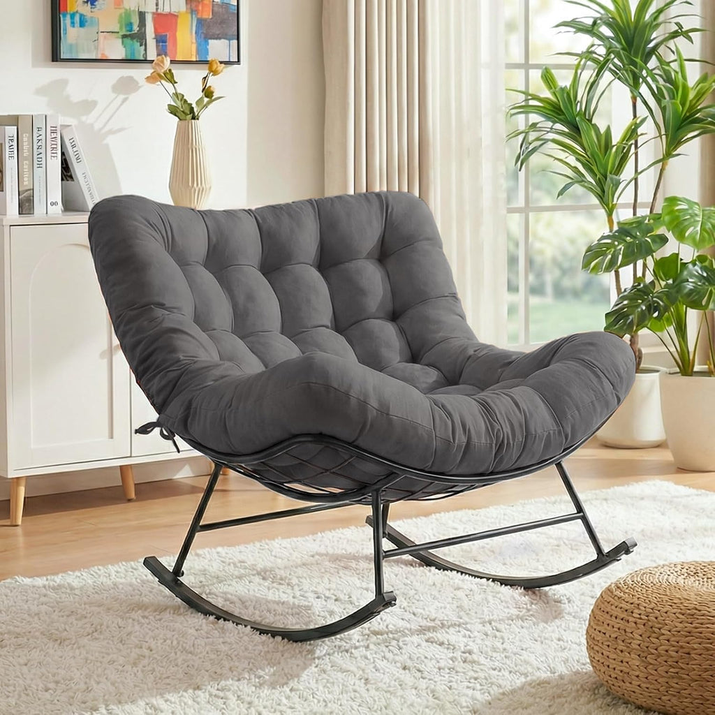 Cushioned Rocking Papasan Chair for Outdoor Indoor, Oversized Outdoor Rocking Chair with Cushion, Egg Rocker for Patio, Porch, Balcony, Lawn, Bedroom, Living Room, Gray
