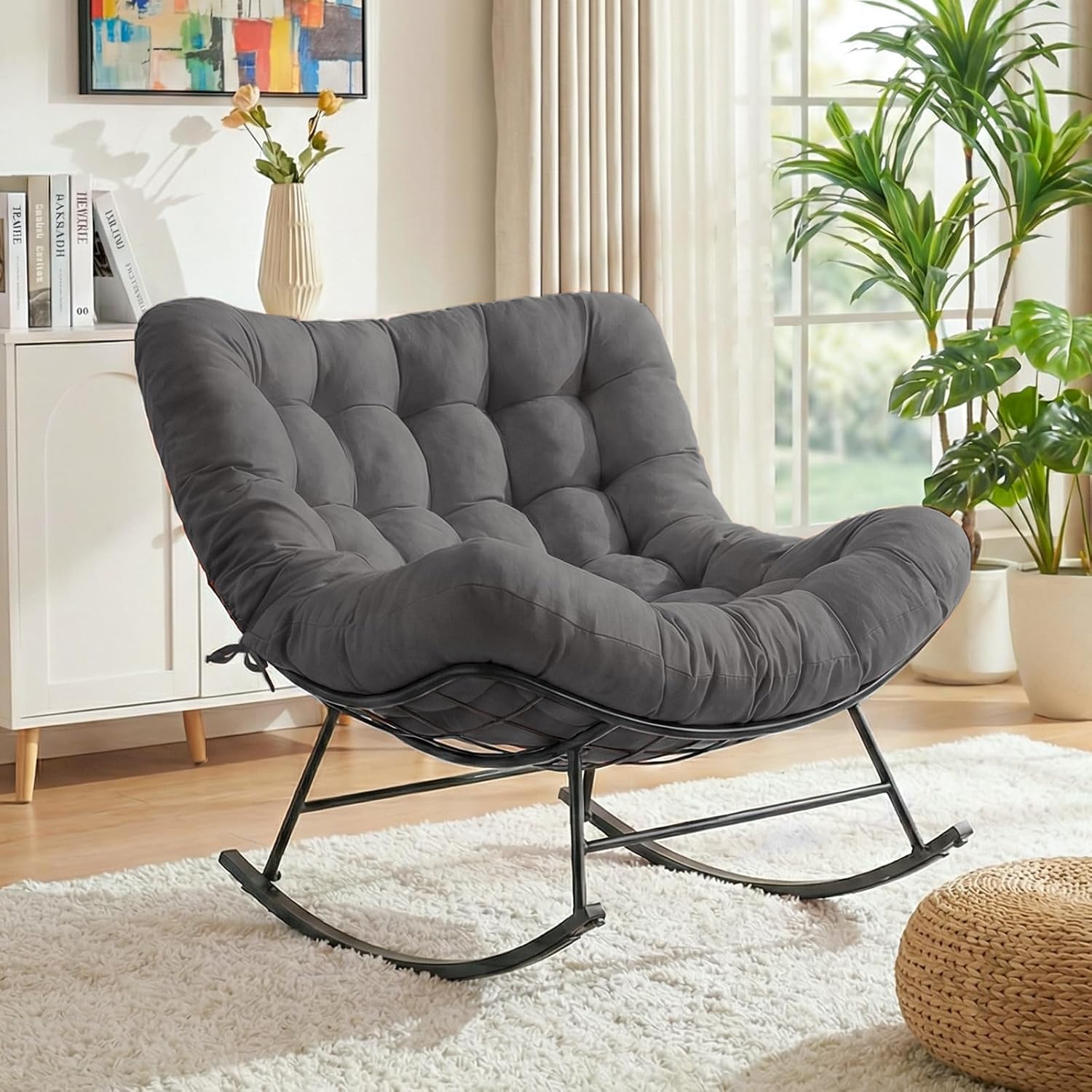 Cushioned Rocking Papasan Chair for Outdoor Indoor, Oversized Outdoor Rocking Chair with Cushion, Egg Rocker for Patio, Porch, Balcony, Lawn, Bedroom, Living Room, Gray