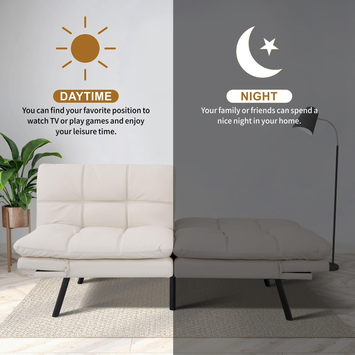 MUUEGM Convertible Memory Foam Sofa Bed with Adjustable Backrest & Armrest, Modern Futon Couch for Living Room, Office, Apartment, Space-Saving Design, Easy Assembly,White