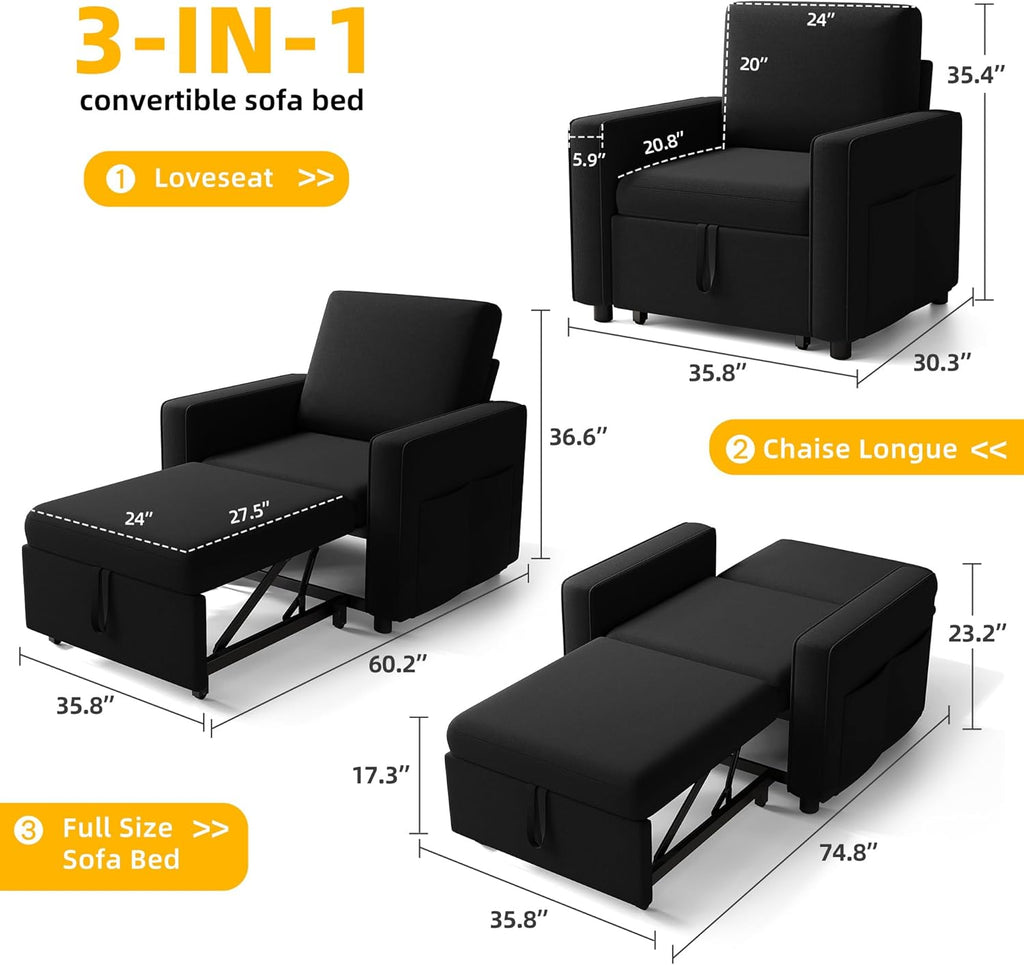 YITAHOME Convertible Sofa Chair Bed, 3-in-1 Sleeper Sofa with Pull-Out Bed, Linen Fabric Single Sleeper Chair with Reclining Backrest and Wide Armrest, Modern Lounge Sofa for Small Space, Black