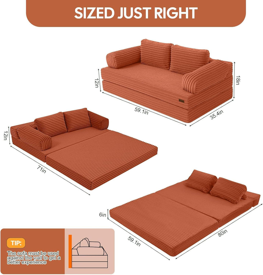 MeMoreCool Convertible Sofa Bed, Folding Floor Couch Bed Queen, Pull Out Sleeper Couch with Pillows, Fold Out Futon Sofa for Bedroom Living Room Small Space, Corduroy Orange