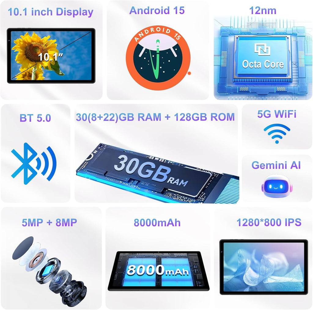 2026 Tablet 10 inch Android 15 Tablets 30GB RAM 128GB ROM 1TB Expand, 8000mAh Octa-Core Tablet with Drop-proof Case, Gemini AI, HD IPS Display, GPS, 5G WIFI, Split-screen, Widevine L1 -Metal Green