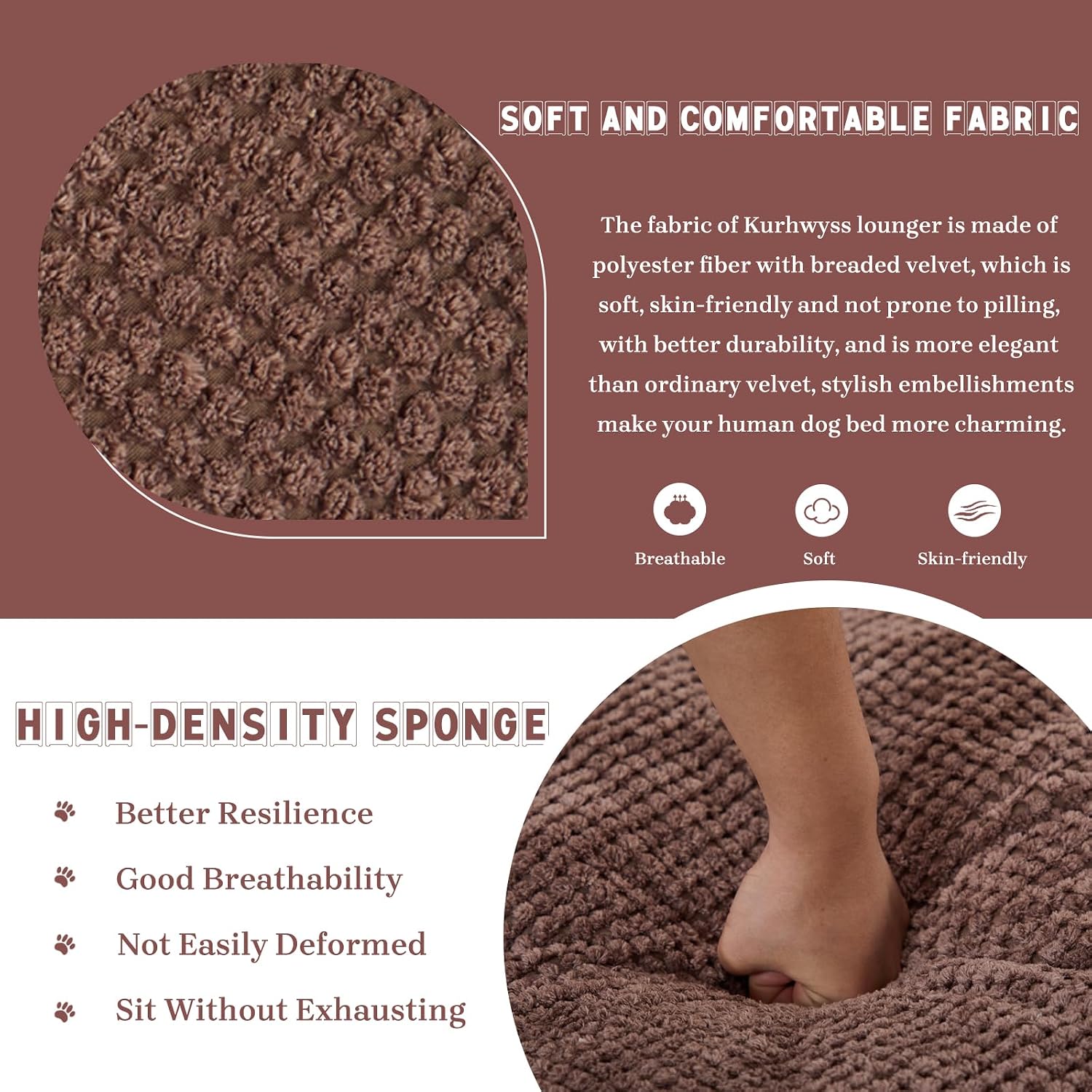 Upholstered Human Dog Bed for Adult & Pets, Convertible Lazy Sofa Bed with 5 Adjustable Position, Comfy Tatami Bean Bag Lounge Chair with 2 Soft Pillows for Bedroom Living Room Office (Brown)