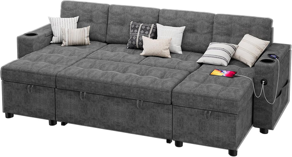 IDEALHOUSE U-Shaped Couches for Living Room, Sofa Bed for Living Room with Reversible Storage Chaises and Hidden Storage Armrests, Cup Holders and USB Charging Ports Included, Dark Grey