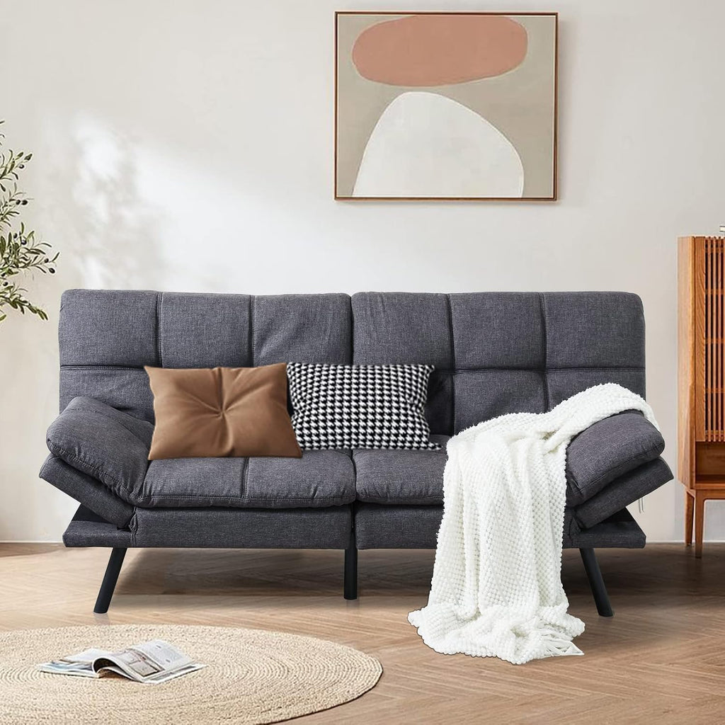 Opoiar Futon Convertible Sofa Bed With Memory Foam - Sleeper Loveseat, Breathable Linen, Adjustable Lounge Couch With Metal Legs for Compact Living Spaces, Dark Grey