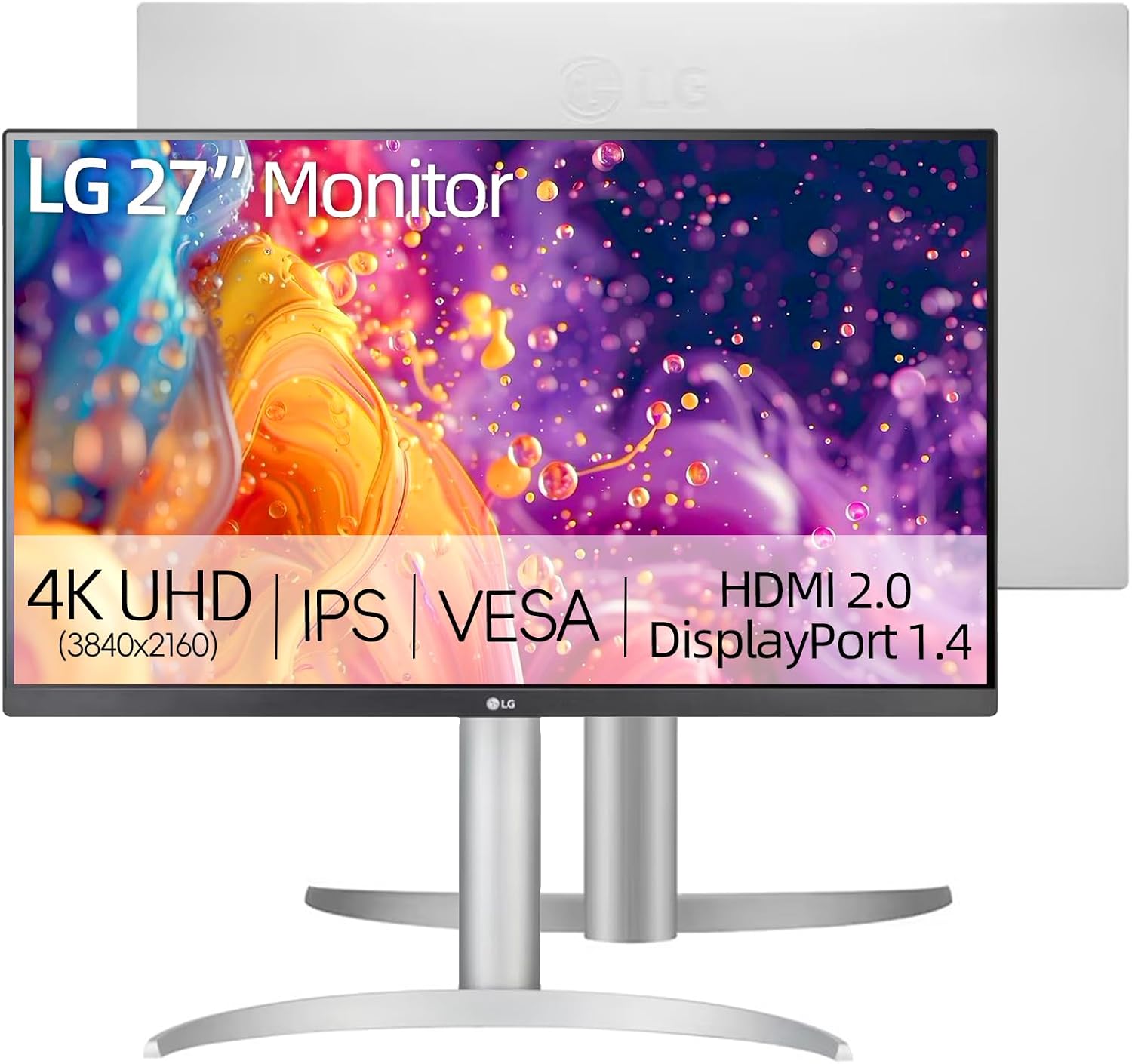 LG 27' 4K UHD Monitor, IPS Display, VESA DisplayHDR 400, 95% DCI-P3, Dynamic Action Sync, Black Stabilizere, Height/Tilt/Pivot Stand, for Gaming and Offic, White/Silver