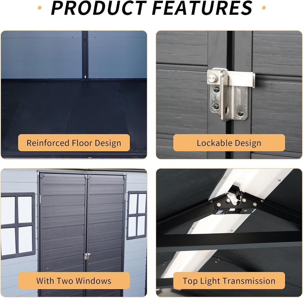 8x6FT Resin Outdoor Storage Shed with 2 Windows, Outdoor Storage Shed with Floor Lockable Door for Garden Tools, Bicycles, Trash Cans, Gray+Black (8x6 FT Steel)