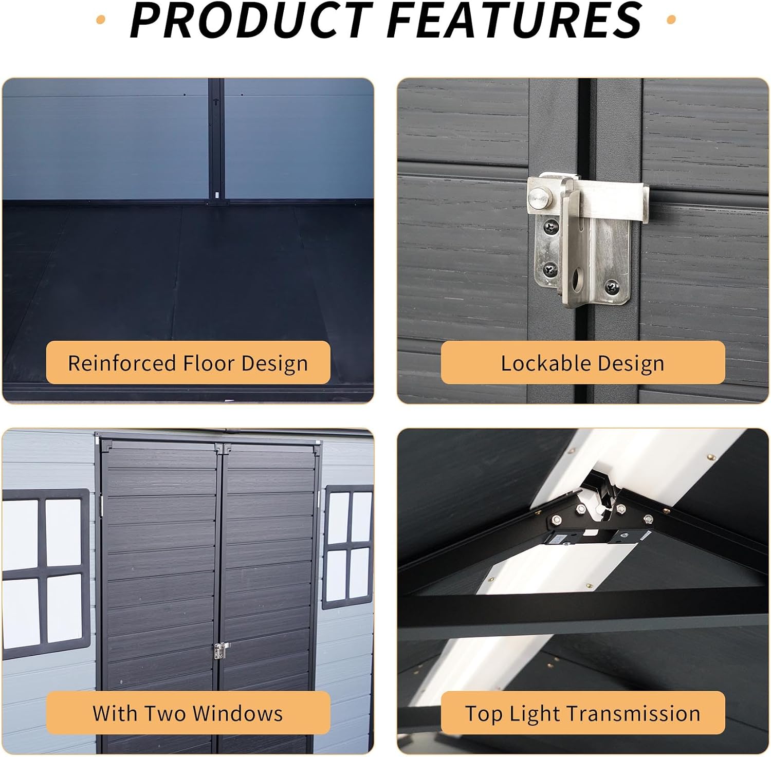 8x6FT Resin Outdoor Storage Shed with 2 Windows, Outdoor Storage Shed with Floor Lockable Door for Garden Tools, Bicycles, Trash Cans, Gray+Black (8x6 FT Steel)