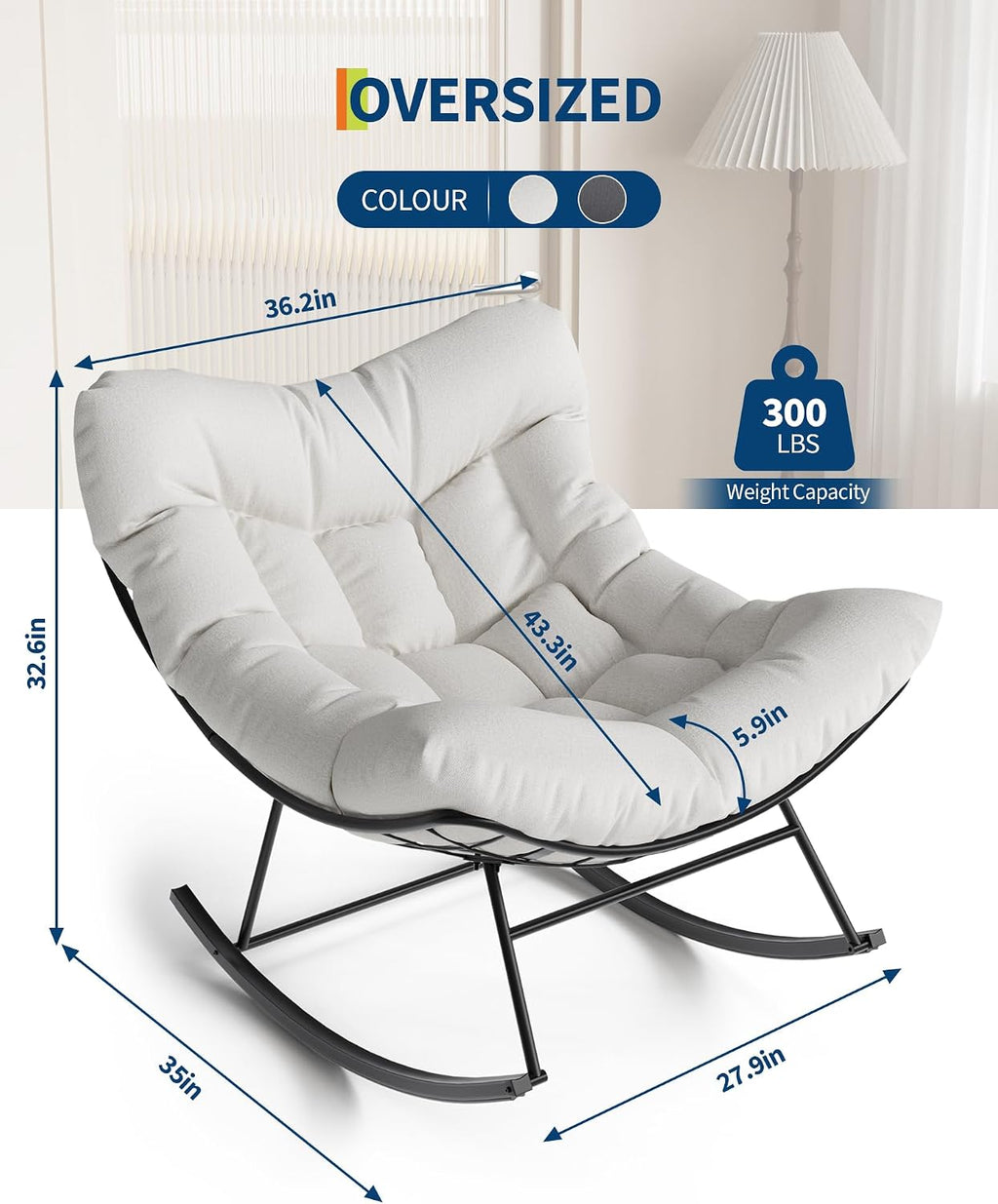 Patio Rocking Chair Indoor and Outdoor, Metal Lounge Rocker with Thick 6'' Cushion,350 Lbs Capacity,White Cushion