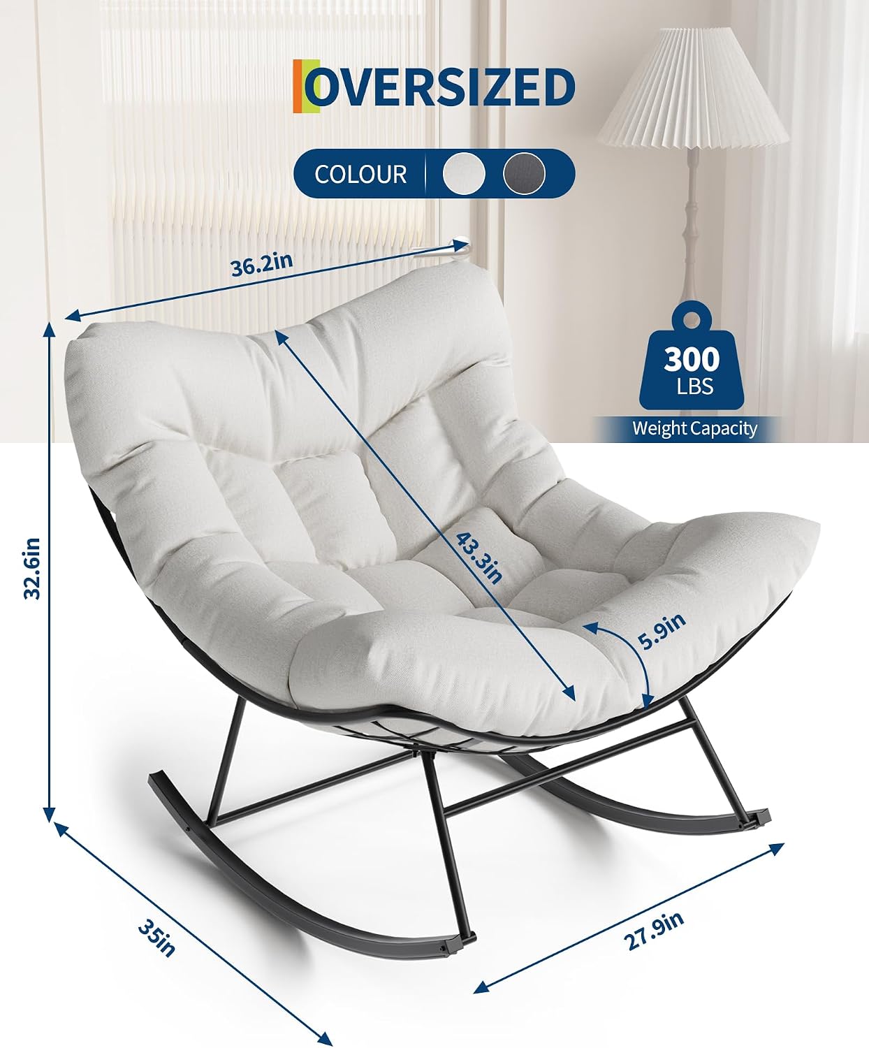 Patio Rocking Chair Indoor and Outdoor, Metal Lounge Rocker with Thick 6'' Cushion,350 Lbs Capacity,White Cushion