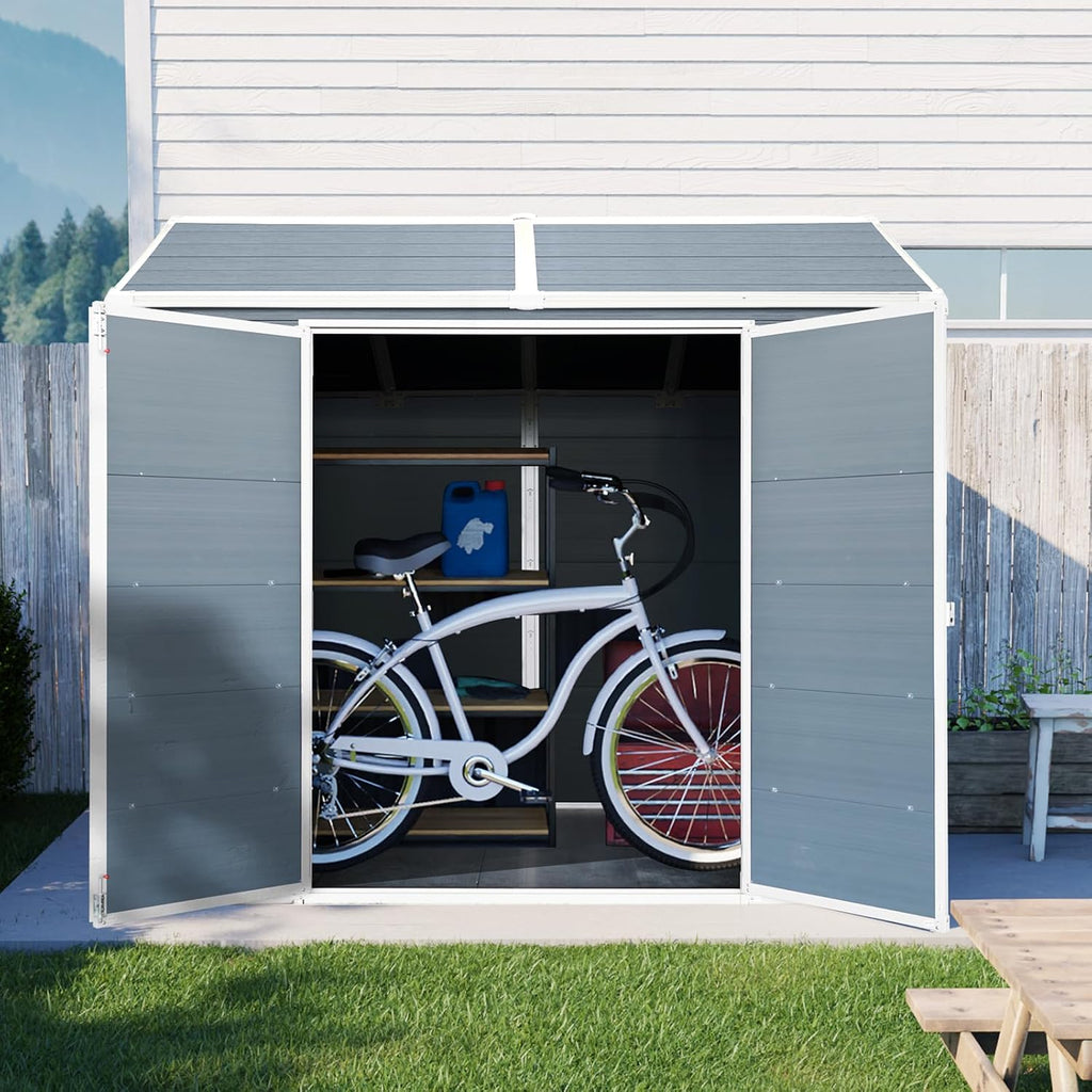 Ball & Cast 6x8 FT Resin Outdoor Storage Shed,Waterproof Garden Organizer Tool House with Floor & Two Windows,Backyard Cabinet w/Lockable Door and Ventilation,Shelter for Car,Bike,Lawnmower,Grey